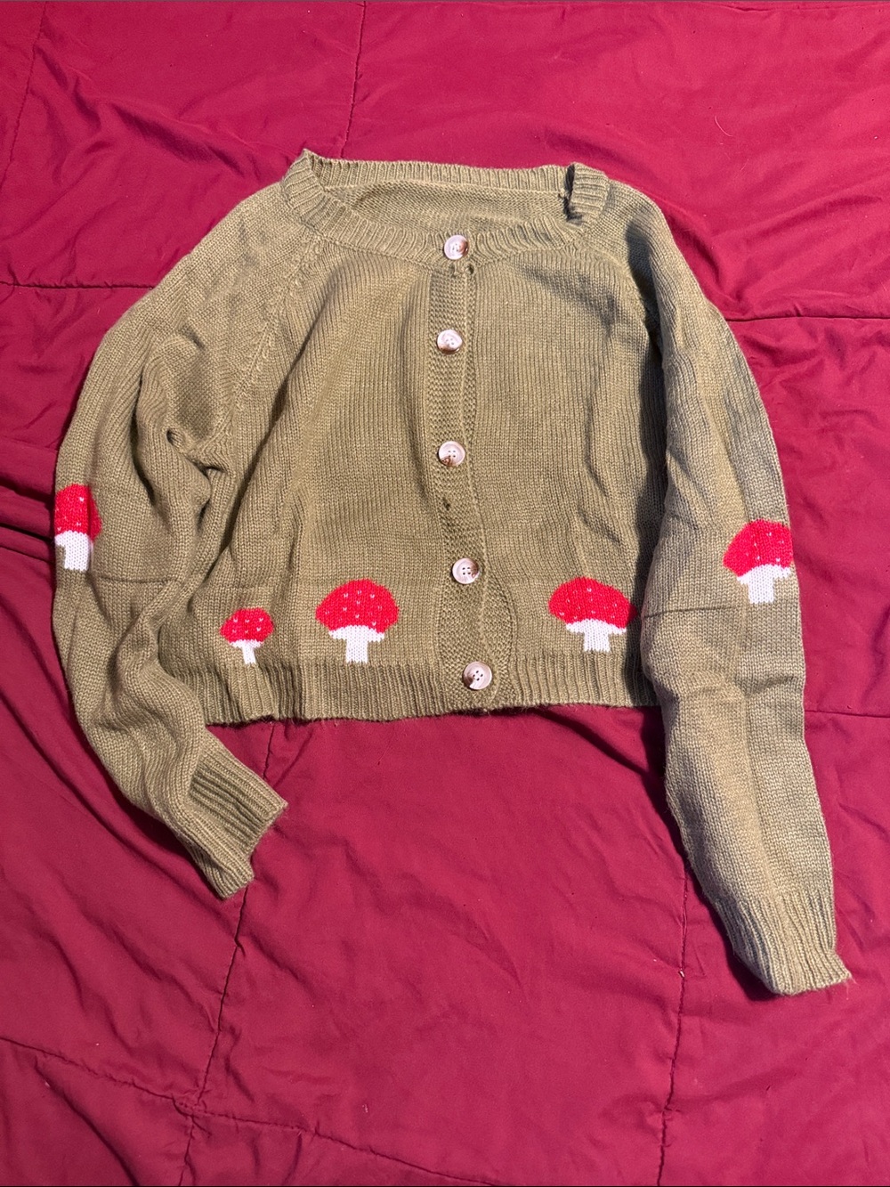 SHEIN Olive Knit crop Cardigan with Mushroom Motif